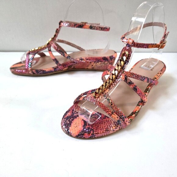 Stuart Weitzman Sandals 7 Pink Melon Tiffy Chain Trim Strappy Leather Wedge NEW - Picture 6 of 12